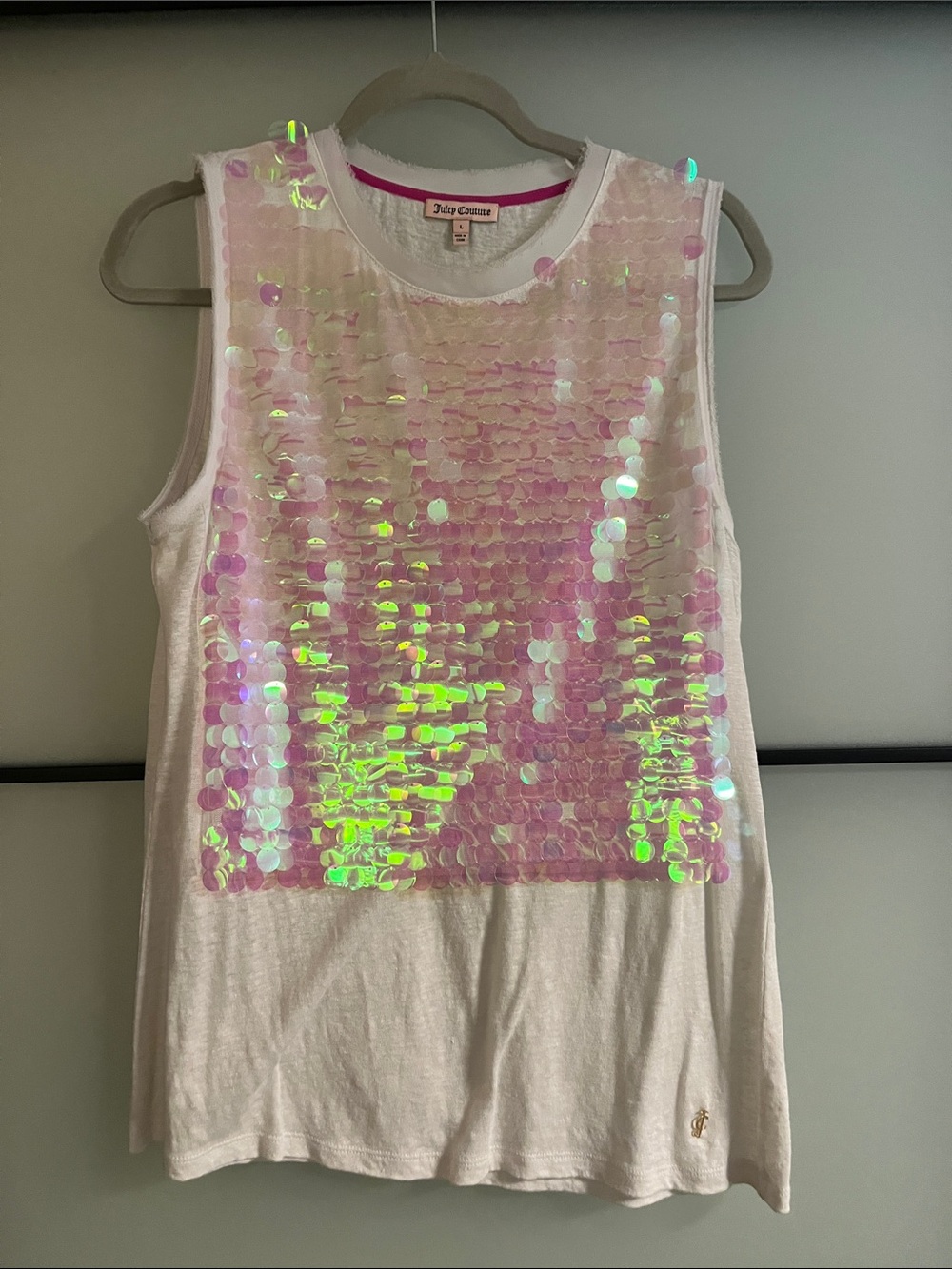 Juicy Couture White Tank Top with Pink Iridescent Sequins